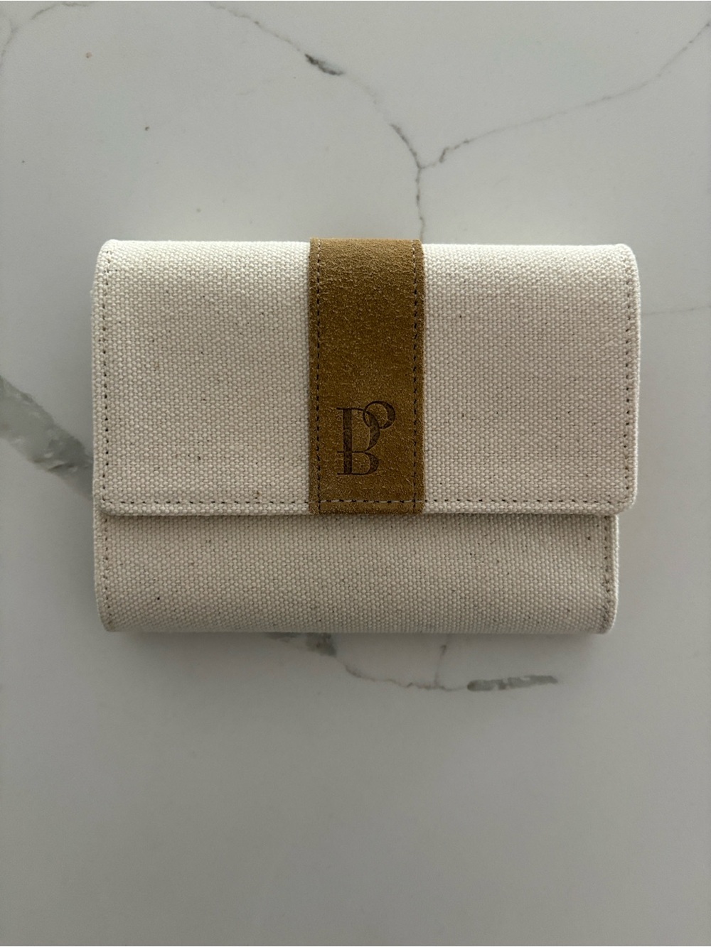 Pristine BEAR Design Canvas & Suede Trifold Wallet Cream